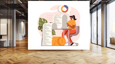 Analyzing budget web concept in flat design. Woman calculate and control money, paying bills or taxes, analyzing financial data. Auditing and finance management. Illustration with people scene Wall mural