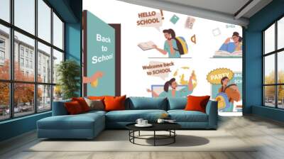 Back to school concept with character situations collection. Bundle of scenes people go to class, pupils reading books, learning at lessons, students studying. Vector illustrations in flat web design Wall mural