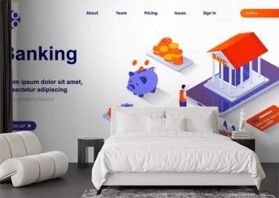 Banking isometric landing page. Bank financial services isometry concept. Accounting, transactions, credit card, savings 3d web banner. Vector illustration with people characters in flat design Wall mural