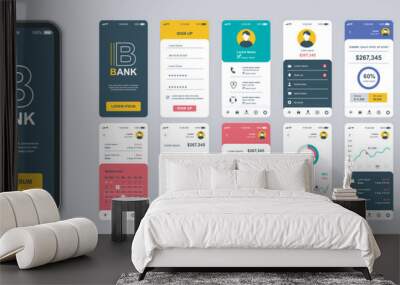 Banking mobile app screens set for web templates. Pack of login, financial account, personal balance, money transfers and other mockups. UI, UX, GUI user interface kit for layouts. Vector design Wall mural