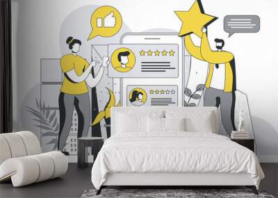 best feedback concept with outline people scene. man and woman leave high rating stars and likes. us Wall mural