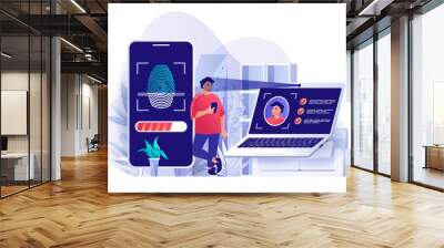 Biometric access control concept in flat design. User identification by face recognition and fingerprint scene template. Man access to his account. Vector illustration of people characters activities Wall mural