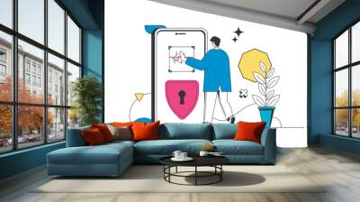 Biometric control outline web concept in modern flat line design. Man unlocking mobile phone with password access and face recognition system, touch screen for fingerprint id. Vector illustration Wall mural