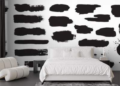 Black ink stains mega set in flat graphic design. Collection elements of abstract grunge paint shapes with torn borders, messy watercolor stroke paints, rough paintbrush texture. Vector illustration. Wall mural