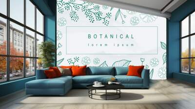 Botanical abstract background with floral line art design. Horizontal web banner in minimal style with different green leaves, plant twigs, blooming flowers and wildflowers. Vector illustration. Wall mural