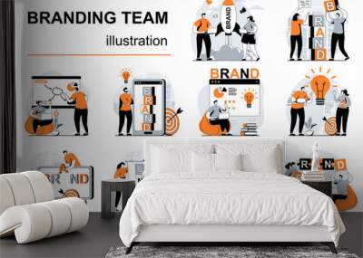 Branding team concept with people scenes set in flat design. Women and men launch business brand, create logo and identity, company personality. Vector illustration visual stories collection for web Wall mural