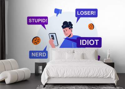 Bullying modern flat concept for web banner design. Sad man reading aggressive messages and comments from haters. Cyberbullying in social networks. Illustration with isolated people scene Wall mural