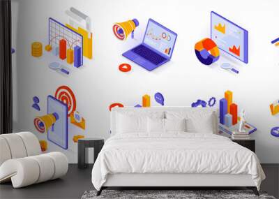 Business and marketing concept isometric 3d icons set. Market research and statistics, data analytics, customer attraction, promotion and advertising isometry isolated collection. Vector illustration Wall mural