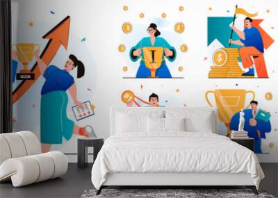 Business award isolated set. Businessman and businesswoman celebrate victory. People collection of scenes in flat design. Vector illustration for blogging, website, mobile app, promotional materials. Wall mural