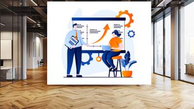 Business making concept with people scene in flat cartoon design. Man and woman analyzing data and statistics, discussing strategy for investing in company. Illustration visual story for web Wall mural