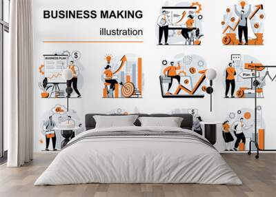 Business making concept with people scenes set in flat design. Women and men making presentation, marketing research, create plan and strategy. Vector illustration visual stories collection for web Wall mural