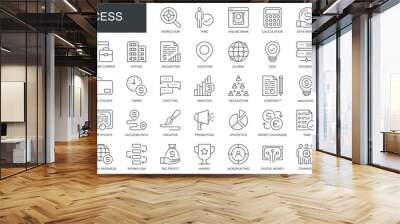 Business process web icons set in thin line design. Pack of inspection, hire, calculation money, coaching, protection, cooperation, success, task, other outline stroke pictograms. Vector illustration. Wall mural