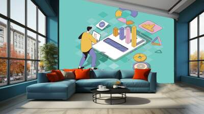 Business statistic web concept in 3d isometric design. Man analyzing data in graphs and charts, making research and accounting using mobile app. Vector web illustration with people isometry scene Wall mural