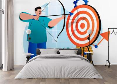 Business target concept in modern flat design. Businessman shoots bow at dartboard. Achievement of career goals, leadership, strategy, business development and profit growth. Web illustration Wall mural