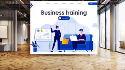 Business training flat landing page design. Business coach making presentation near whiteboard scene with header. Business education, coaching and company personnel training. Work process situation. Wall mural