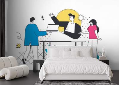 Business training outline web concept in modern flat line design. Colleagues learning at meeting with coach, learning at online professional seminar, brainstorming at workshop. Vector illustration Wall mural