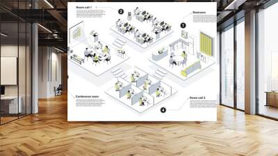 Call center 3d isometric concept in outline design for web. People working in isometry rooms as technical support operators in office with work areas and rest rooms interiors. Vector illustration. Wall mural