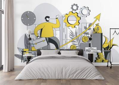 Career opportunities concept with outline people scene. Man is looking for new projects, invests money and increases income, achieves goals. Illustration in flat line design for web template Wall mural