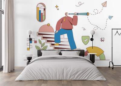 Career opportunity concept with character situation in flat design. Man with spyglass climbs career ladder and looks for better solutions and progress. Vector illustration with people scene for web Wall mural