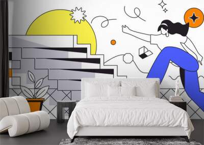 Career opportunity web concept in flat outline design with character. Woman is looking for new projects and climbing career ladder. Leadership and aspiration, people scene. Illustration. Wall mural