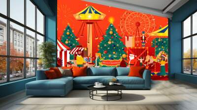 Christmas fair greeting card in flat style. Winter carnival and carousels, christmas markets and shopping people. 2021 Happy New Year vector illustration. Horizontal Xmas party banner, website header. Wall mural