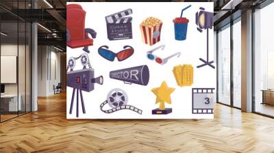 Cinema industry mega set in flat design. Bundle elements of chair, clapperboard, popcorn, spotlight, camera, 3d glasses, tickets, film reel and other. Vector illustration isolated graphic objects Wall mural