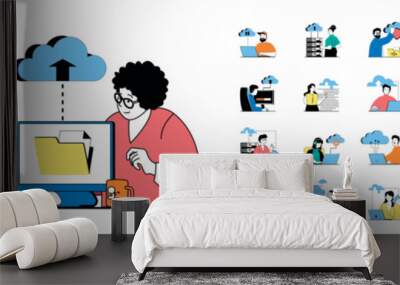 Cloud computing concept with character situations mega set. Bundle of scenes people downloading data and storing on server, using online database and hosting. Vector illustrations in flat web design Wall mural