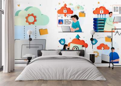 Cloud computing isolated set. Secure connection, storage and cloud technology. People collection of scenes in flat design. Vector illustration for blogging, website, mobile app, promotional materials. Wall mural