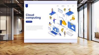 Cloud computing modern flat design isometric concept. Business technology and people concept. Landing page template. Conceptual isometric vector illustration for web and graphic design. Wall mural