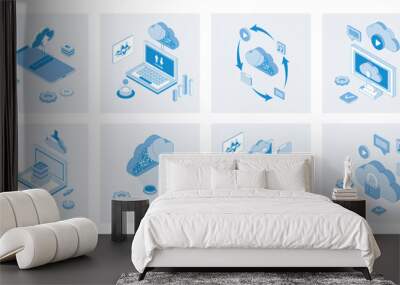 Cloud storage 3d isometric concept set with isometric icons design for web. Collection of uploading and downloading data, online backup system, cyberspace processing and computing. Vector illustration Wall mural