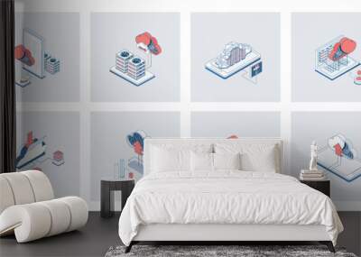 Cloud storage concept of isometric icons in 3d isometry design for web. Uploading and downloading data in online storage, datacenter connection and processing, hosting service. Vector illustration Wall mural