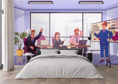 Conference hall concept in flat cartoon design. Colleagues sitting in room, brainstorming and discuss work tasks. Men and women employees communicate. Illustration with people scene background Wall mural