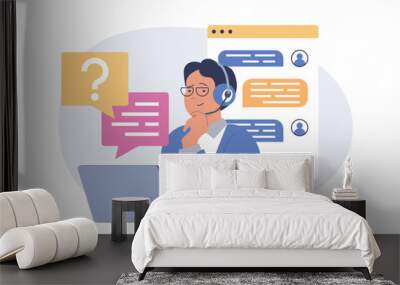 Contact us concept in modern flat design for web. Operator in headset answering in online chat for clients questions, solving problems, finding solutions, advicing for calling. Vector illustration. Wall mural