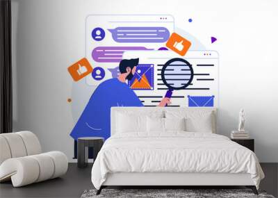 Content manager modern flat concept for web banner design. Man creates layout of site, studies feedback of followers, develops and organizes page mockup. Illustration with isolated people scene Wall mural