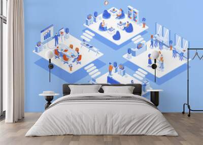 Coworking space concept 3d isometric web scene with infographic. People working in office, tea meeting in room, teamwork and workflow in departments. Illustration in isometry graphic design Wall mural