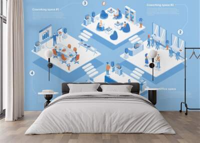 Coworking space concept 3d isometric web scene with infographic. People working in office, tea meeting in room, teamwork and workflow in departments. Vector illustration in isometry graphic design Wall mural