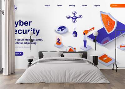 Cyber security isometric landing page. Protect personal data, safe internet isometry concept. Access confidential, identity 3d web banner. Vector illustration with people characters in flat design Wall mural