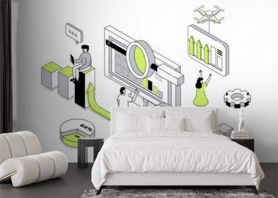 Data analysis 3d isometric concept in outline isometry design for web. People analyzing graphs and business reports, working with financial diagrams, making target and strategy. Vector illustration. Wall mural