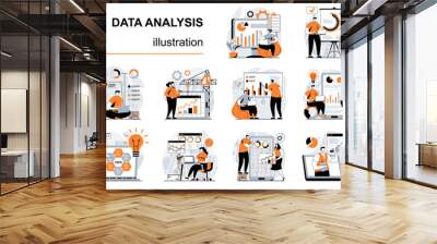 Data analysis concept with people scenes set in flat design. Women and men working with charts, making marketing research or financial reports. Vector illustration visual stories collection for web Wall mural