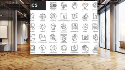 Data analytics web icons set in thin line design. Pack of database, big data process, ai, monitoring, traffic, hosting service, optimization, backup, chart and other. Outline stroke pictograms Wall mural