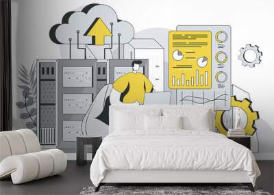 Data center technology concept with outline people scene. Man engineer maintains server room and controls performance of hardware on dashboard. Illustration in flat line design for web template Wall mural