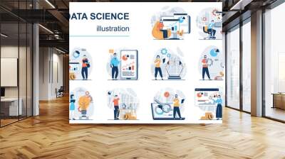 Data science concept with character situations mega set. Bundle of scenes people, making science research, working with datum charts, searching information. Vector illustrations in flat web design Wall mural