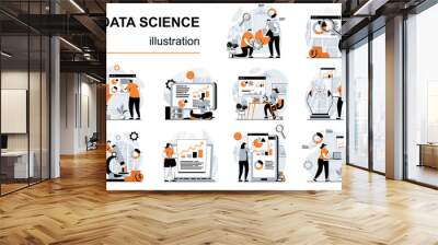 Data science concept with people scenes set in flat design. Women and men analyzing information, scientist working with databases at graphs. Vector illustration visual stories collection for web Wall mural