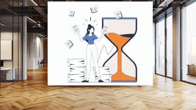 Deadline concept with people scene in flat outline design. Woman trying to complete work tasks or paperwork before time runs out in hourglass. Vector illustration with line character situation for web Wall mural