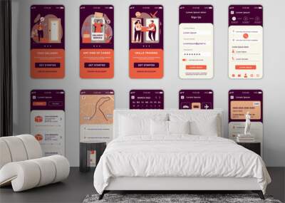 Delivery concept screens set for mobile app template. People use fast shipping services, tracking and online payment. UI, UX, GUI user interface kit for smartphone application layouts. Vector design Wall mural