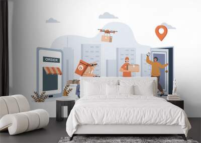 Delivery concept with character scene for web. Client using shipping service, courier delivering and drone flying packages. People situation in flat design. Vector illustration for marketing material. Wall mural