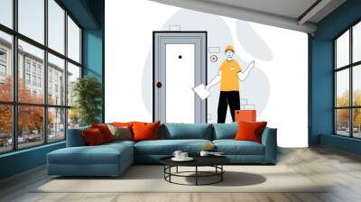 Delivery service concept with people scene in flat design for web. Man courier carrying parcel boxes and waiting for client at door. Illustration for social media banner, marketing material. Wall mural