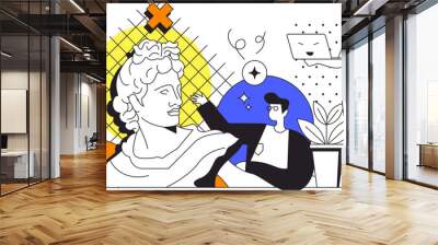 Designer agency web concept in flat outline design with characters. Man and woman working on art project, creating artworks and content. Imagination and inspiration people scene. Illustration. Wall mural