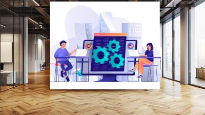 Developers team concept in flat design. Colleagues work together at project scene template. Man and woman develop, setting, testing, tech support. Illustration of people characters activities Wall mural