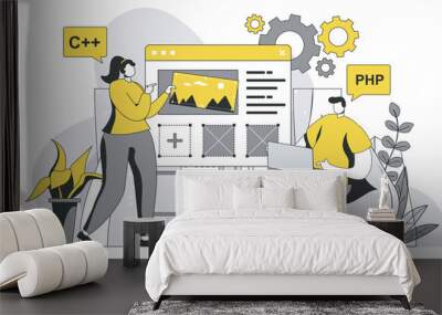 Developers team concept with outline people scene. Man and woman are developing application or website interface, programming and coding. Vector illustration in flat line design for web template Wall mural